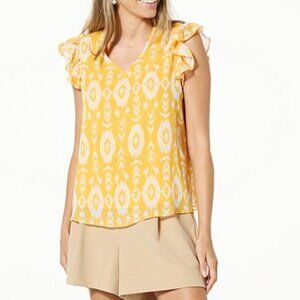 Curations X Sarah Anderson Red Floral Cap Sleeve Ruffle V Neck Blouse Large